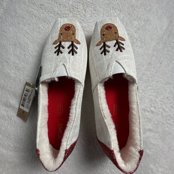 TOMS Alpargata White Textured Glitz Embroidered Reindeer Slip-On Shoes Sz 7 New - Picture 1 of 3